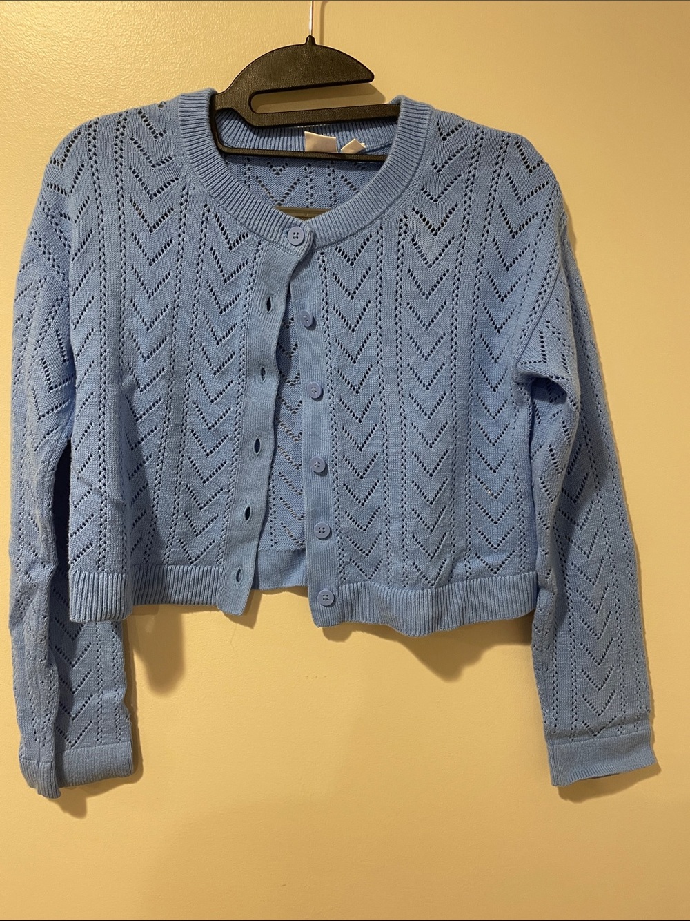Girls Light Blue Pointelle Button-Front Cropped Cardigan